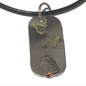 Handmade stamped Bee silver pendant orange Swarovski crystal black cord necklace